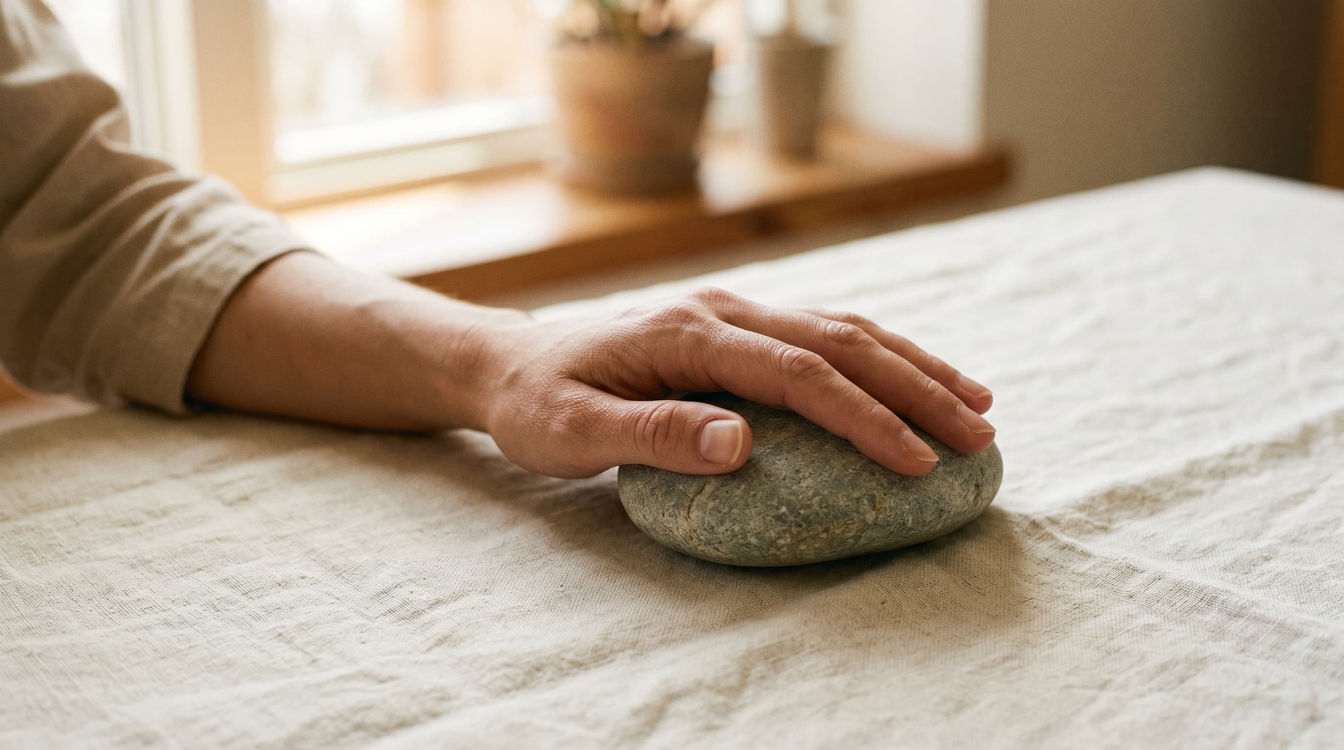 A hand resting on a smooth stone, soft daylight, linen surface